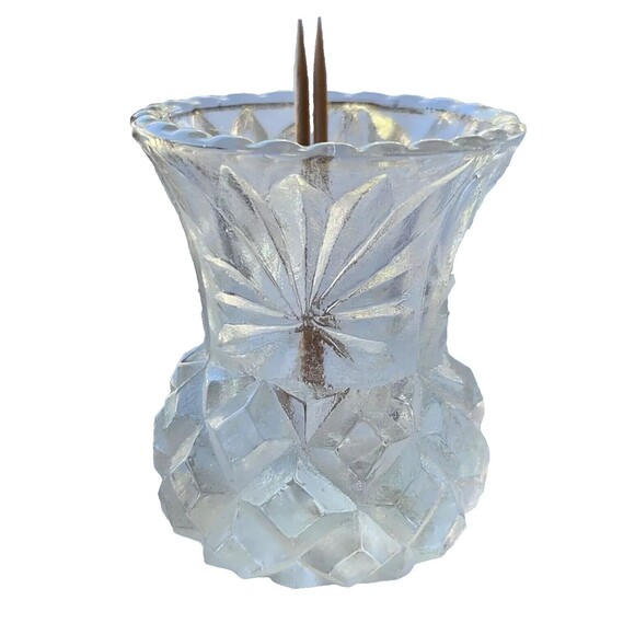 Vintage Toothpick Holder Pineapple Thistle Clear Lead Cut Glass Sawtooth Edge - Picture 3 of 5